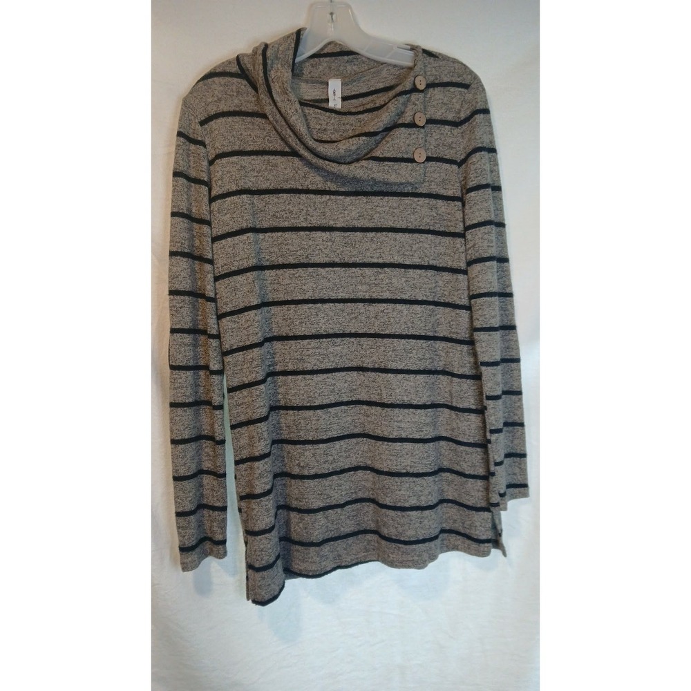 Vanilla Bay Button Neckline Black Suede Elbow Patch Striped Top Mocha Large NWT